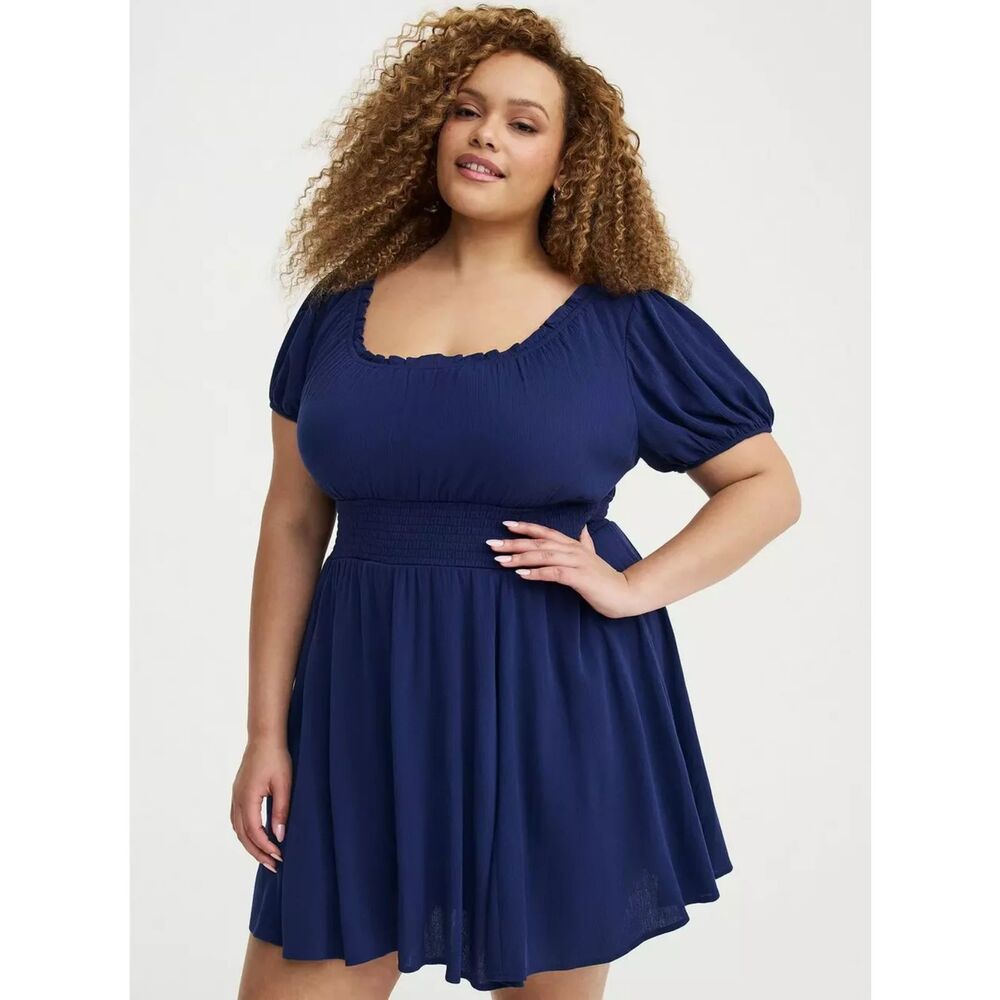 NWT Torrid 2 Medieval Blue Crinkle Gauze Puff Sleeve Romper Dress 2X 18 20